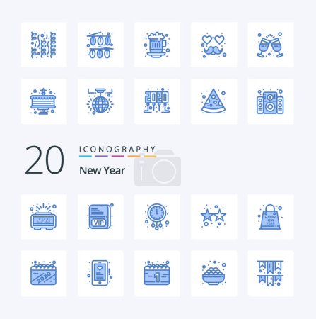 Illustration for 20 New Year Blue Color icon Pack. like gift. stars. midnight. party. firecracker - Royalty Free Image
