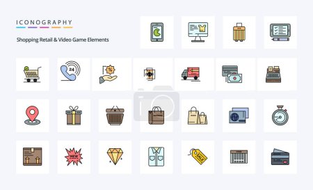 Téléchargez les illustrations : Pack d'icônes de style rempli par ligne de 25 éléments de jeu vidéo et de vente au détail - en licence libre de droit