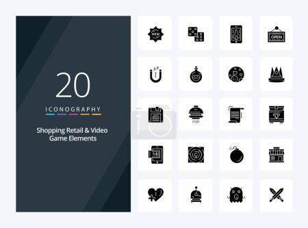 Téléchargez les illustrations : 20 magasins au détail et éléments de jeu vidéo icône Glyphe solide pour la présentation - en licence libre de droit