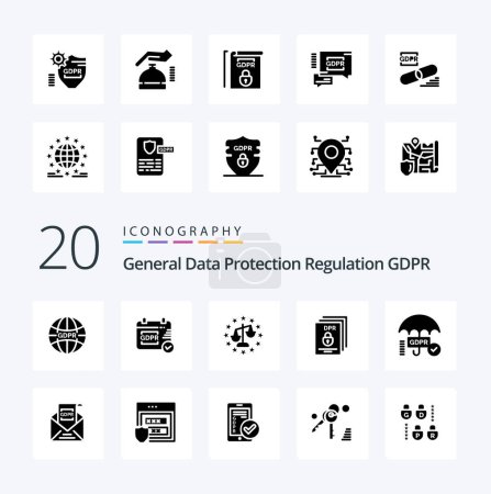 Téléchargez les illustrations : 20 Gdpr Solid Glyph icône Pack comme cadenas données calendrier justice - en licence libre de droit