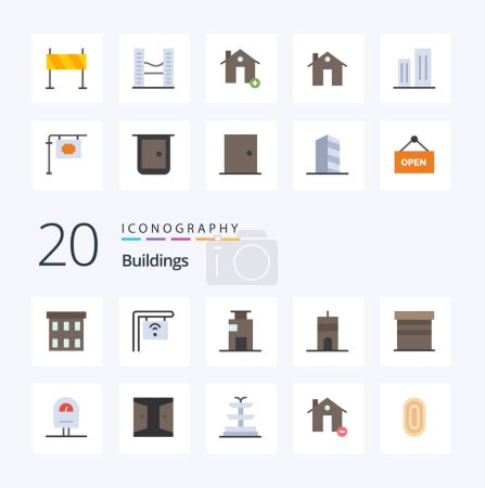 Illustration for 20 Buildings Flat Color icon Pack like building signal apartment buildings office - Royalty Free Image