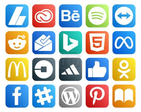 Ilustración de 20 Paquete de iconos de redes sociales, incluido el controlador. uber. reddit. McDonald 's. meta - Imagen libre de derechos