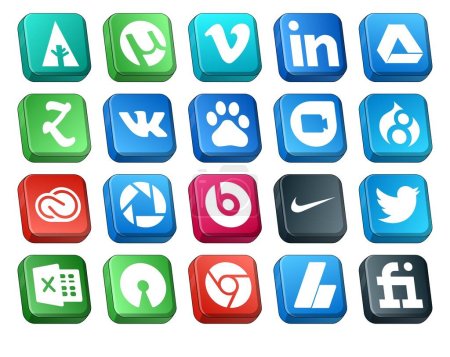 Illustration for 20 Social Media Icon Pack Including twitter. beats pill. baidu. picasa. cc - Royalty Free Image