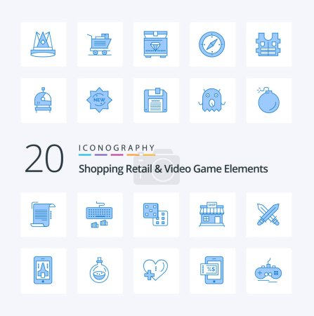 Ilustración de 20 Compras minoristas y elementos de videojuegos Icono de color azul Pack como tienda de espadas escribiendo tienda en línea - Imagen libre de derechos