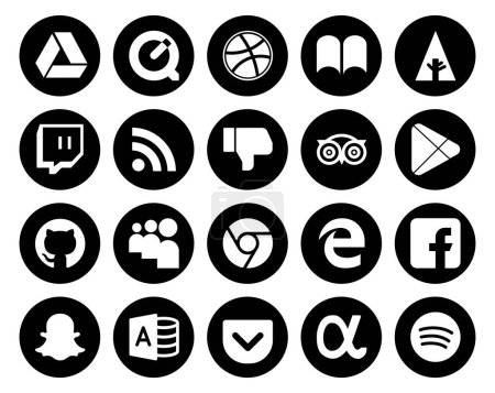Téléchargez les illustrations : 20 Pack d'icônes pour les médias sociaux Y compris snapchat. bord. tripadvisor. chrome. github - en licence libre de droit