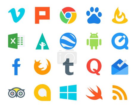 Illustration for 20 Social Media Icon Pack Including inbox. quora. google earth. tumblr. firefox - Royalty Free Image