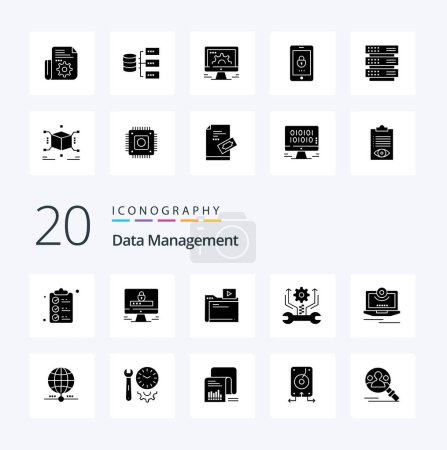Téléchargez les illustrations : 20 Data Management Solid Glyph icône Pack comme engrenage verrouillage film multimédia - en licence libre de droit