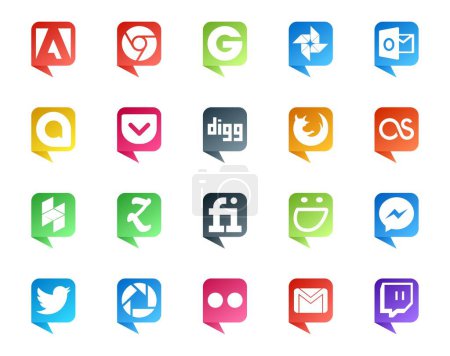 Téléchargez les illustrations : 20 Discours sur les médias sociaux Logo de style bulle comme tweet. messager. firefox. De la contrebande. zootool - en licence libre de droit