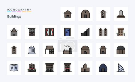Téléchargez les illustrations : 25 Bâtiments Ligne rempli Style icône pack - en licence libre de droit
