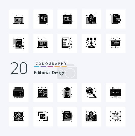 Illustration for 20 Editorial Design Solid Glyph icon Pack like hex search checklist research magnify - Royalty Free Image