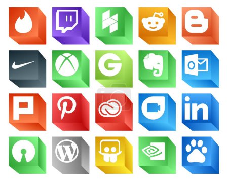 Ilustración de 20 Paquete de iconos de redes sociales Incluyendo código abierto. google duo. evernote. adobe. nube creativa - Imagen libre de derechos