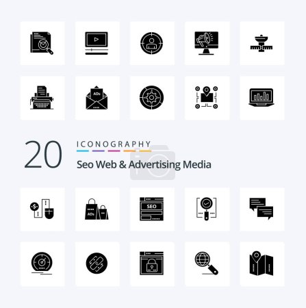 Téléchargez les illustrations : 20 Seo Web et publicité Media Solid Glyph icône Pack comme trouver tech shopping ad seo données - en licence libre de droit