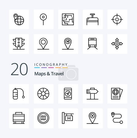 Ilustración de 20 Mapas Icono de línea de viaje Paquete como equipaje de viaje gps documento de viaje - Imagen libre de derechos