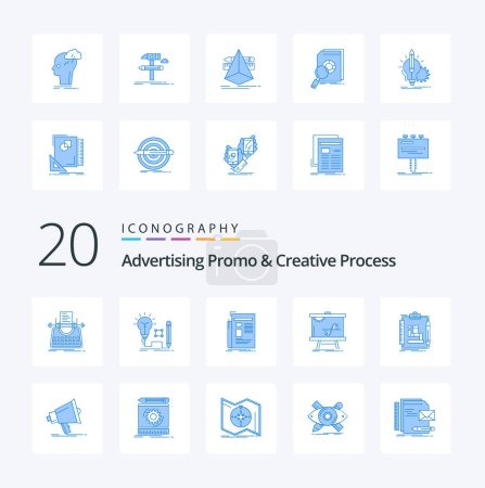 Ilustración de 20 Promoción publicitaria y proceso creativo icono de color azul Paquete como idea de lámpara de pensamiento de diseño creativo - Imagen libre de derechos