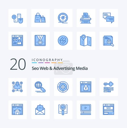 Ilustración de 20 Seo Web Y Medios De Publicidad Icono de color azul Pack como inicio de sesión web proceso de búsqueda de configuración - Imagen libre de derechos