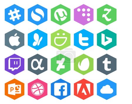 Illustration for 20 Social Media Icon Pack Including powerpoint. envato. smugmug. deviantart. twitch - Royalty Free Image