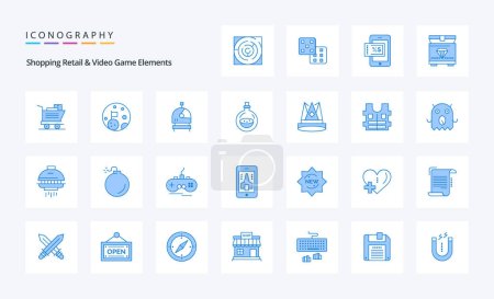Ilustración de 25 Compras minoristas y elementos de videojuegos Paquete de iconos azul - Imagen libre de derechos
