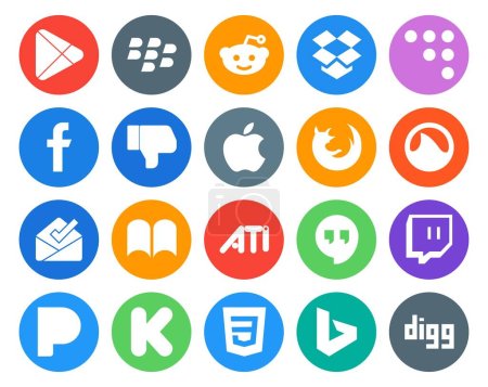 Ilustración de 20 Paquete de iconos de medios sociales incluyendo pandora. quedadas. manzana. ¡ati! bandeja de entrada - Imagen libre de derechos
