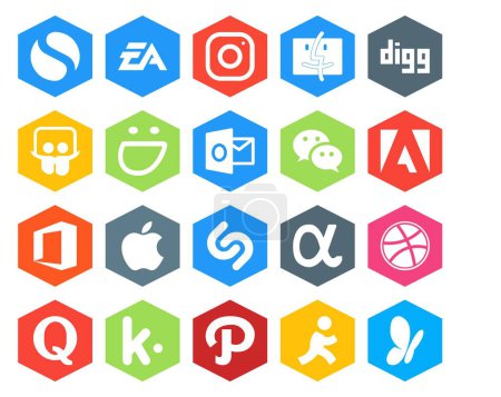 Téléchargez les illustrations : 20 Pack d'icônes pour médias sociaux, y compris le dribbble. shazam. De la contrebande. pomme. adobe - en licence libre de droit