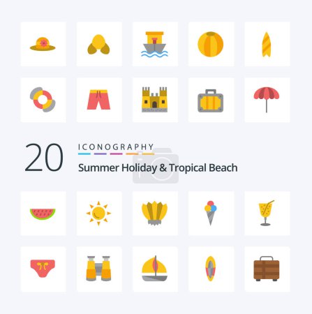 Téléchargez les illustrations : 20 Beach Flat Color icon Pack comme du jus de plage nageoires cône plage - en licence libre de droit