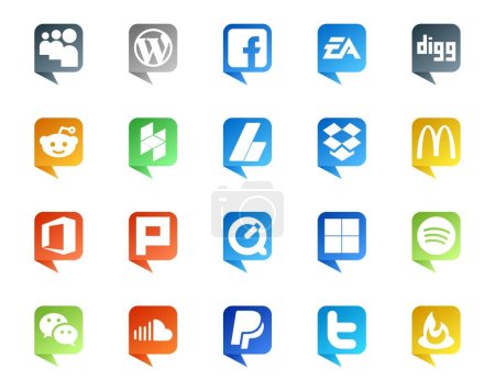Téléchargez les illustrations : 20 Social Media Discours Bubble Style Logo comme délicieux. plurk. reddit. bureau. dropbox - en licence libre de droit