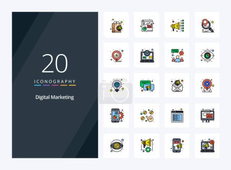 Téléchargez les illustrations : 20 Ligne de marketing numérique Icône remplie pour présentation - en licence libre de droit