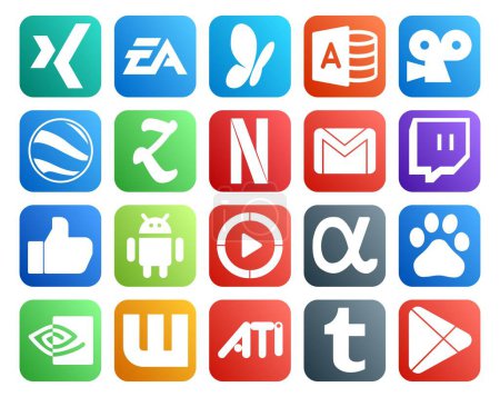 Illustration for 20 Social Media Icon Pack Including video. android. zootool. like. mail - Royalty Free Image