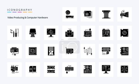 Téléchargez les illustrations : 25 Vidéo Produire et matériel informatique Solide pack icône Glyphe - en licence libre de droit