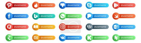 Ilustración de 20 Social Media Follow Button. Nombre de usuario y lugar para texto como perspectiva. instagram. bing. ibooks. quora - Imagen libre de derechos