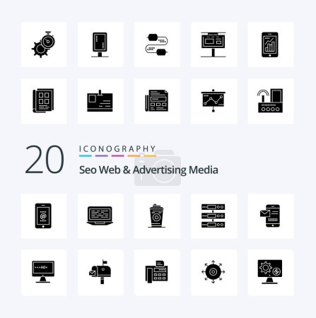 Téléchargez les illustrations : 20 Seo Web et publicité Media Solid Glyph icône Pack comme serveur d'écran de données cloud starbucks - en licence libre de droit
