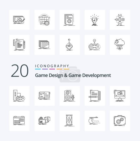 Téléchargez les illustrations : 20 Game Design et Game Development Line icône Pack comme nouvelle histoire de niveau microphone sonore - en licence libre de droit