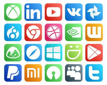Ilustración de 20 Paquete de iconos de redes sociales Incluyendo aplicaciones. smugmug. dribbble. ventanas. safari - Imagen libre de derechos