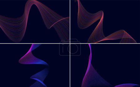 Téléchargez les illustrations : Ensemble de 4 décors vectoriels avec motifs d'ondes géométriques et lignes abstraites - en licence libre de droit