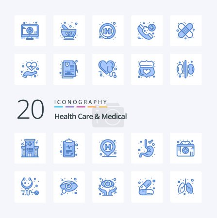 Téléchargez les illustrations : 20 soins de santé et icône de couleur bleue médicale Pack comme trousse de premiers soins médicaux digestion de l'estomac de l'hôpital - en licence libre de droit