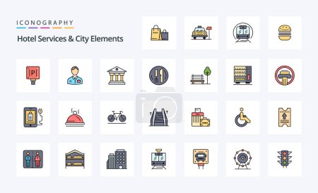 Téléchargez les illustrations : 25 Services hôteliers et City Elements ligne rempli Style icône pack - en licence libre de droit