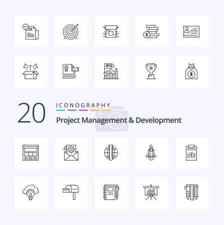 Téléchargez les illustrations : 20 Project Management And Development Line icon Pack comme promouvoir le lancement du marché de lancement de l'intégration - en licence libre de droit
