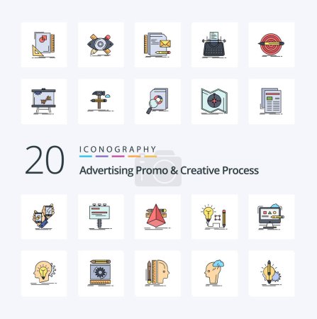 Ilustración de 20 Promoción de publicidad y línea de proceso creativo llenado icono de color Paquete como idea clave diseñador de herramientas de vallas publicitarias - Imagen libre de derechos