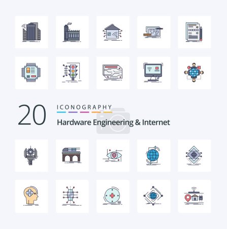 Ilustración de 20 Ingeniería de hardware y línea de Internet llena icono de color Paquete como conectividad a Internet tren tecnología gen - Imagen libre de derechos