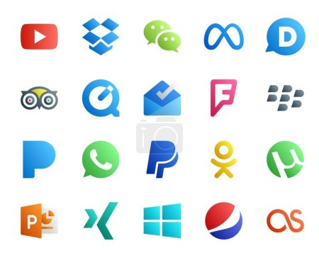 Ilustración de 20 Paquete de iconos de redes sociales que incluye odnoklassniki. whatsapp. tripadvisor. pandora. cuadrado cuadrado - Imagen libre de derechos