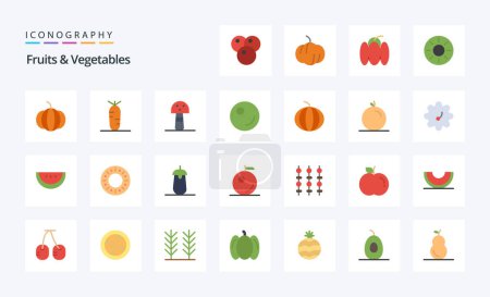 Téléchargez les illustrations : 25 Fruits Légumes Pack icône plat couleur - en licence libre de droit