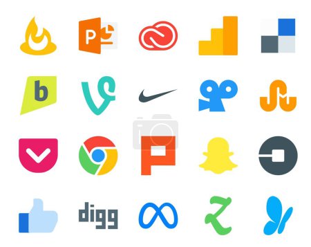Ilustración de 20 Paquete de iconos de redes sociales, incluido el coche. snapchat. vid. plurk. bolsillo - Imagen libre de derechos