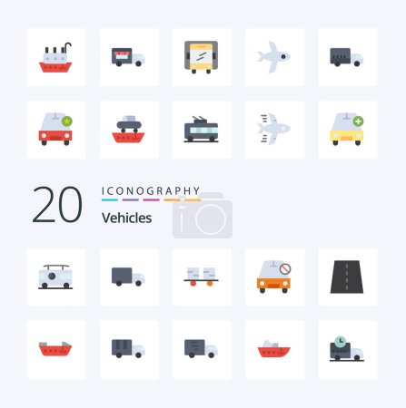 Illustration for 20 Vehicles Flat Color icon Pack like logistics plane ice cream flight lorry - Royalty Free Image