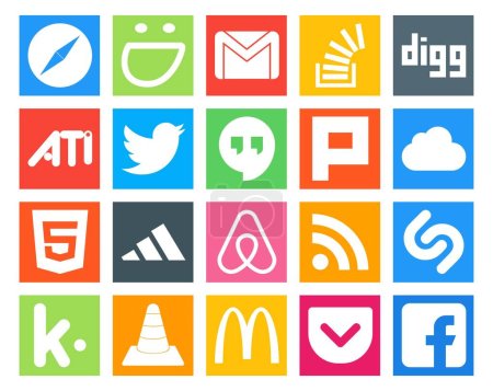 Téléchargez les illustrations : 20 Pack d'icônes pour les médias sociaux incluant le html. plurk. stock. des lieux de rencontre. twitter - en licence libre de droit