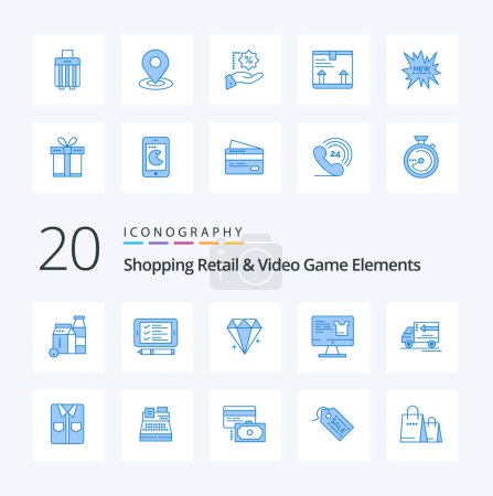 Ilustración de 20 Compras minoristas y elementos de videojuegos Icono de color azul Pack como la entrega de compras de diamante monitor de computadora - Imagen libre de derechos