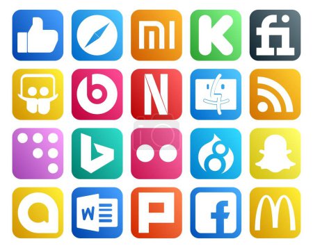 Téléchargez les illustrations : 20 Pack d'icônes pour les médias sociaux Y compris le mot. snapchat. netflix. drupal. bing - en licence libre de droit