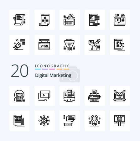 Ilustración de 20 Icono de línea de marketing digital Paquete como tipo máquina de escribir datos de vídeo portátil - Imagen libre de derechos