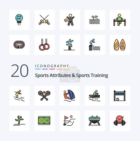 Illustration for 20 Sports Atributes And Sports Training Line Filled Color icon Pack. like game. training. surfer. rowing. sport - Royalty Free Image