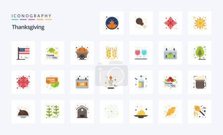 Téléchargez les illustrations : 25 Thanksgiving Pack d'icônes couleur plate - en licence libre de droit