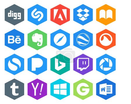 Illustration for 20 Social Media Icon Pack Including yahoo. picasa. browser. twitch. pandora - Royalty Free Image