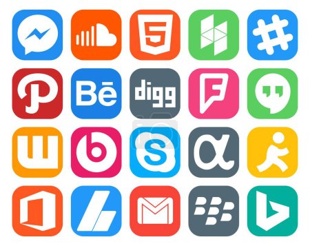 Ilustración de 20 Paquete de iconos de redes sociales Incluyendo la red de aplicaciones. skype. camino. es mejor que la píldora. lugares de reunión - Imagen libre de derechos